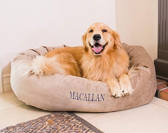 Personalized Bagel Style Dog Bed Durable Bedding Supportive Cushion Custom Embroidered Machine Washable