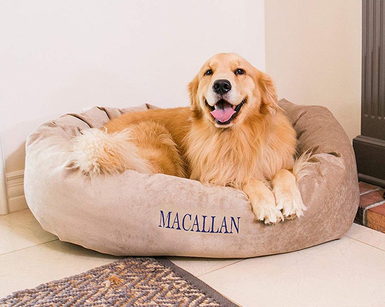 Personalized Bagel Style Dog Bed Durable Bedding Supportive Cushion Custom Embroidered Machine Washable image 1
