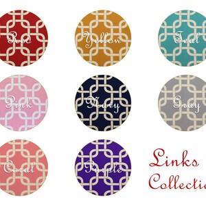 May include: A set of 8 fabric samples with a geometric pattern in various colors, including red, yellow, teal, pink, navy, gray, coral, and purple. The fabric samples are labeled with the color name. The text "Links Collection" is written in red cursive.