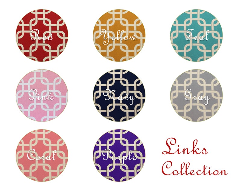 May include: A set of 8 fabric samples with a geometric pattern in various colors, including red, yellow, teal, pink, navy, gray, coral, and purple. The fabric samples are labeled with the color name. The text "Links Collection" is written in red cursive.