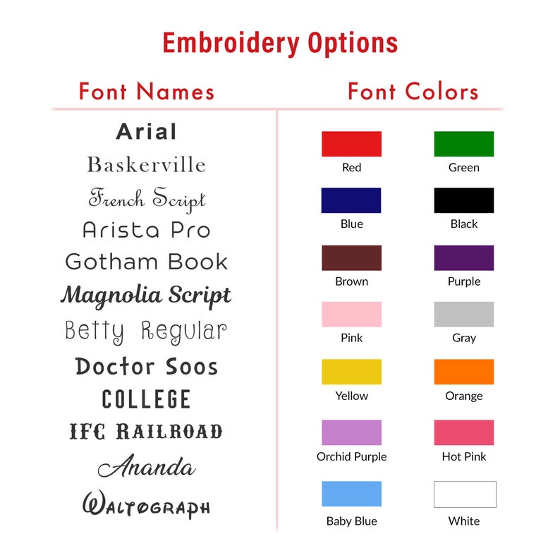May include: A chart displaying embroidery options for font names and colours. Font names include Arial, Baskerville, French Script, Arista Pro, Gotham Book, Magnolia Script, Betty Regular, Doctor Soos, COLLEGE, IFC RAILROAD, Ananda, and WALTOGRAPH. Font colours include red, green, blue, black, brown, purple, pink, grey, yellow, orange, orchid purple, hot pink, baby blue, and white.