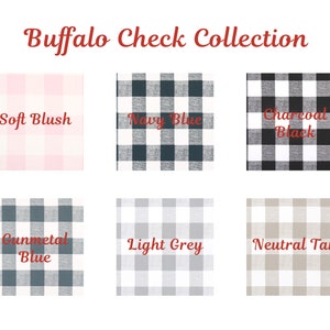 Op de afbeelding: Stofstalen van de Buffalo Check Collection in zes kleuren: zachte blos, marineblauw, antraciet zwart, gunmetal blauw, lichtgrijs en neutrale tan.