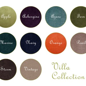 May include: A colour chart with 12 fabric swatches, each with a different colour and name. The colours are: Apple, Aubergine, Azure, Fern, Marine, Navy, Orange, Pearl, Storm, Vintage, and Villa Collection.