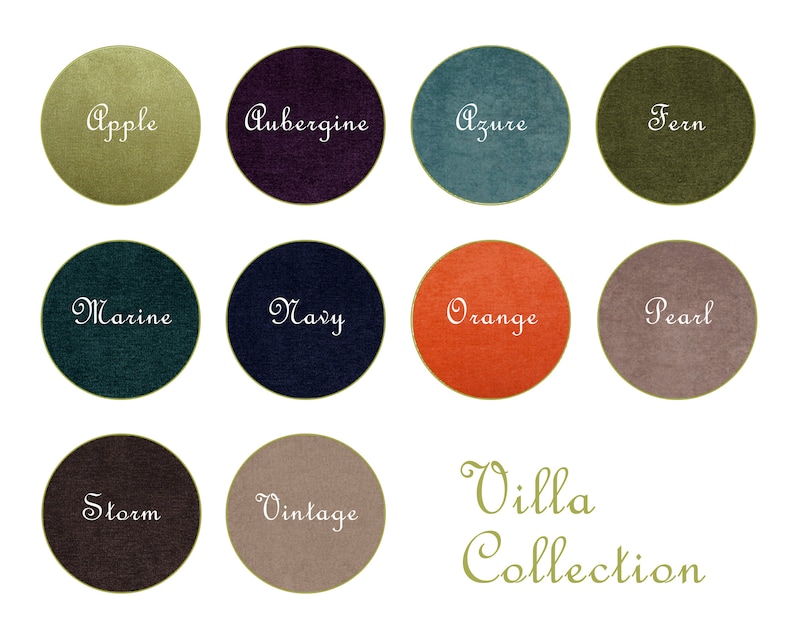 May include: A colour chart with 12 fabric swatches, each with a different colour and name. The colours are: Apple, Aubergine, Azure, Fern, Marine, Navy, Orange, Pearl, Storm, Vintage, and Villa Collection.