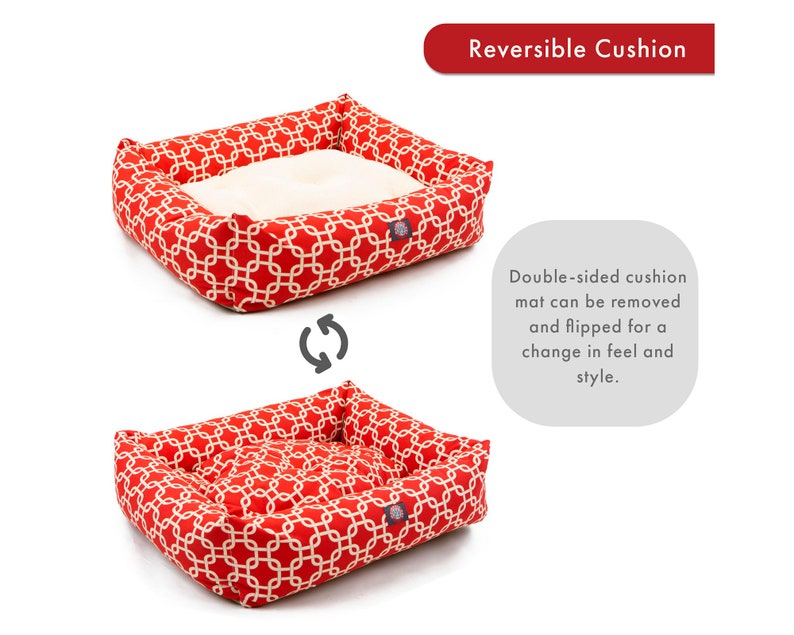 May include: Red and white patterned dog bed with a reversible cushion. The cushion can be removed and flipped for a change in feel and style.