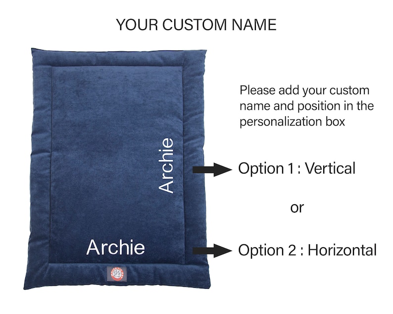 May include: A blue rectangular pet bed with a white border and the name "Archie" embroidered on it in two different positions. The text "YOUR CUSTOM NAME" is at the top of the image. The text "Please add your custom name and position in the personalization box" is below the bed. The text "Option 1: Vertical" and "Option 2: Horizontal" are below the text.