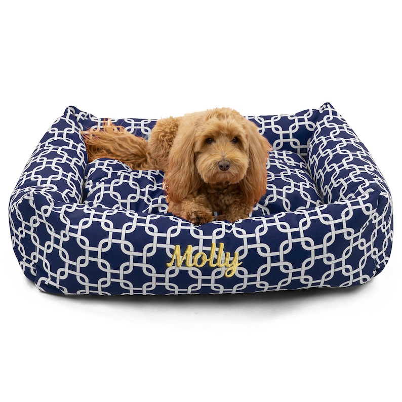 May include: A navy blue dog bed with a white geometric pattern and the name "Molly" embroidered in gold. A brown and white dog is lying on the bed.
