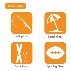 May include: Four orange squares with white icons and text underneath each square. The icons represent hunting gear, beach gear, snow gear, and sporting gear. The text under each square reads "Hunting Gear", "Beach Gear", "Snow Gear", and "Sporting Gear".