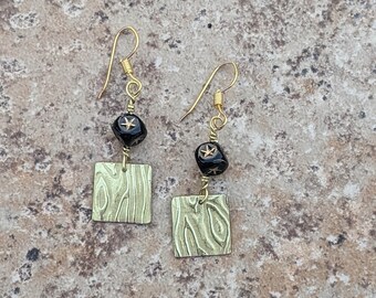 Textured Brass and Black Bead Earrings