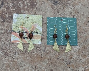 Brown Bead and Brass Triangle Earrings