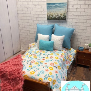 Miniature Dollhouse Bedding Set, White and flowers, Scale 1:12