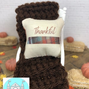 Miniature Dollhouse Fall Pillow, Blanket, Thankful Plaid, Scale 1:12
