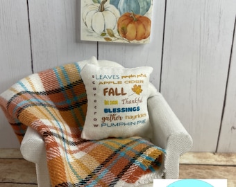Miniature Dollhouse Blanket and Pillow, Fall, Scale 1:12