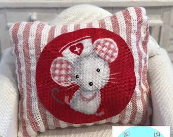 Miniature Dollhouse Valentine's Day Pillow, Mouse Nurse, Scale 1:12
