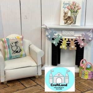 May include: A miniature dollhouse living room with a white armchair, a pillow with a bunny design, a fireplace with a garland of pastel bunny cutouts, and a basket filled with colorful Easter eggs.