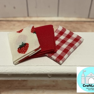 Miniature Dollhouse Kitchen Towels, Strawberries, Scale 1:12