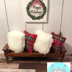 Miniature Dollhouse Christmas, Plaid and Sherpa pillows, Scale 1:12