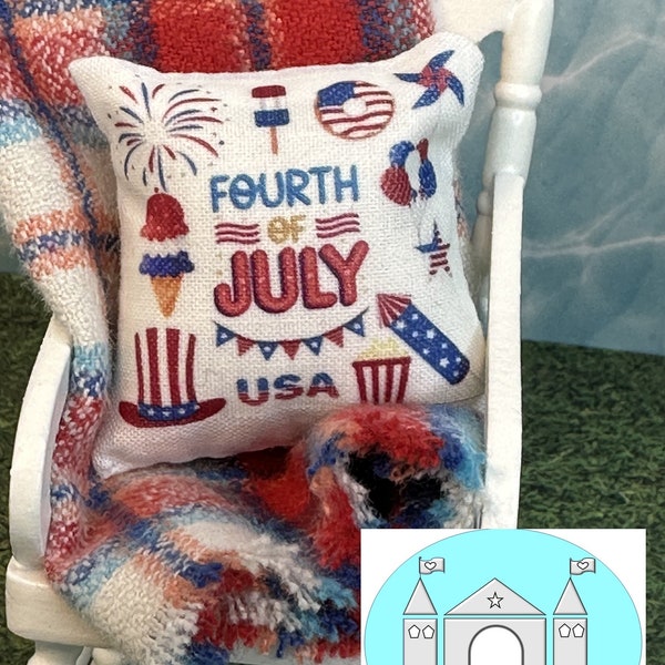 Miniature Dollhouse 4th July Pillow, Blanket, Scale 1:12