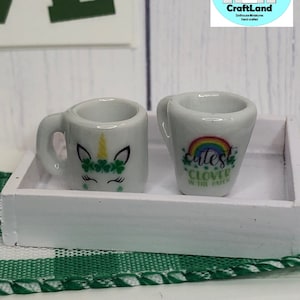 Miniature Dollhouse, Mugs, St. Patrick&#39;s Day, Rainbow or Unicorn, Scale 1:12