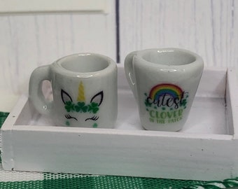 Miniature Dollhouse, Mugs, St. Patrick's Day, Rainbow or Unicorn, Scale 1:12