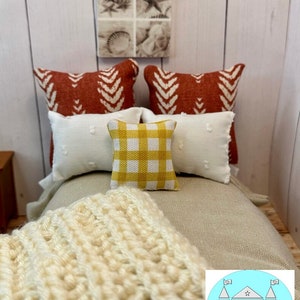 Miniature Dollhouse Bedding Set, Summer, Yellow pillow, Scale 1:12