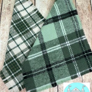 May include: Two fabric squares with a plaid pattern. One square is green and white, the other is green and black. Both squares have frayed edges.