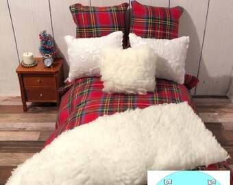 Miniature Dollhouse, Christmas Plaid Bedding Set, Scale 1:12