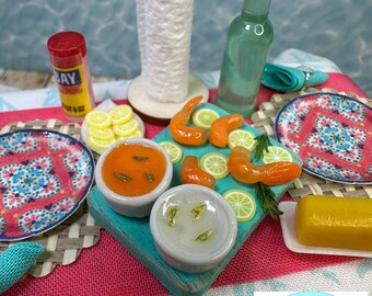 Miniature Dollhouse Seafood Feast, Shrimp Teal Board, Scale 1:12