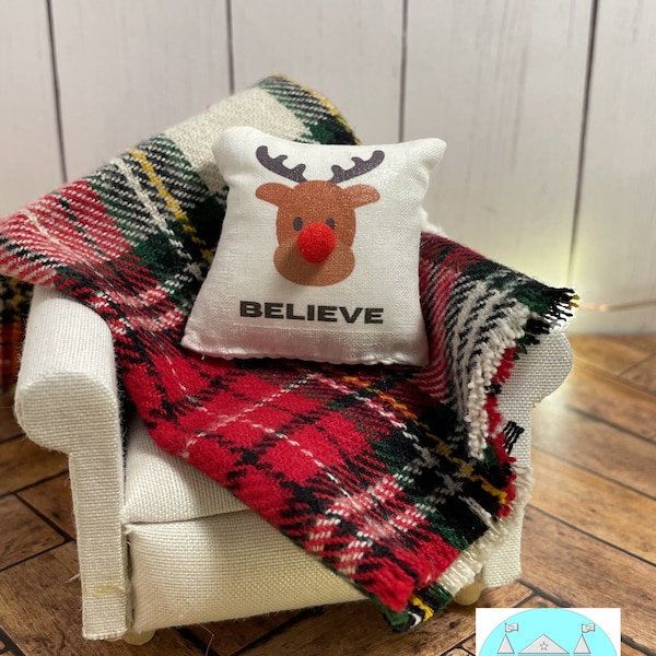 Miniature Dollhouse Christmas Pillow and Blanket, Believe, Scale 1:12