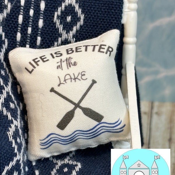 Miniature Dollhouse Summer Pillow, Blanket, Life is better at the lake, Scale 1:12