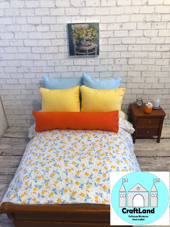 Miniature Dollhouse Bedding Set, Spring Colors, Scale 1:12