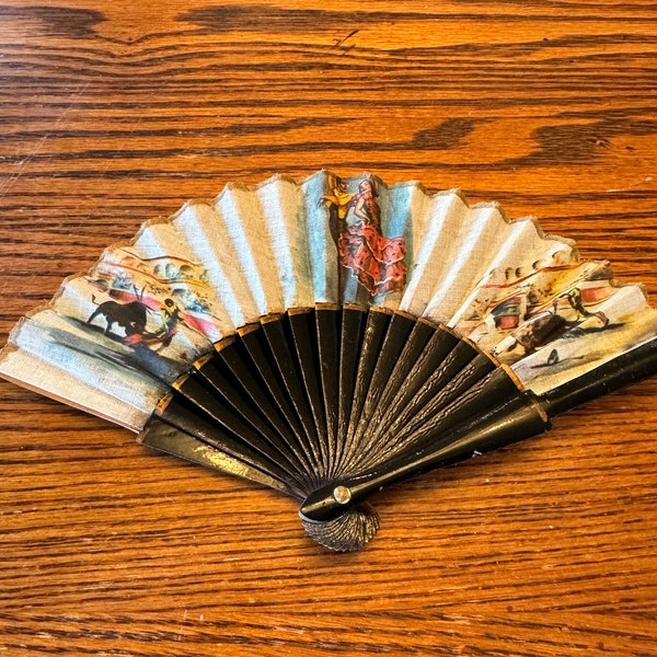 Vintage Small Spanish Folding Hand FAN Bull Fight Matador - Wood & Cloth