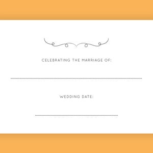 May include: A blank white wedding announcement card with a decorative flourish at the top. The text "Celebrating the marriage of:" and "Wedding Date:" is printed on the card.