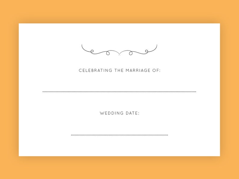 May include: A blank white wedding announcement card with a decorative flourish at the top. The text "Celebrating the marriage of:" and "Wedding Date:" is printed on the card.