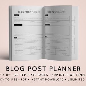 May include: A black and white printable planner with the text "Blog Post Planner" on the cover. The planner is 8.5 inches by 11 inches and has 120 template pages. It is a KDP interior template that is ready to use, in PDF format, and can be downloaded instantly. It is for unlimited use.