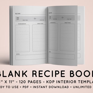 Puede incluir: Un libro de recetas en blanco con 120 páginas, que mide 21,6 cm por 27,9 cm. El libro está diseñado para su uso con Kindle Direct Publishing (KDP) e incluye secciones para ingredientes, instrucciones, tiempo de preparación, tiempo de cocción y notas.