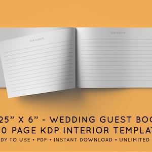 May include: A white, 8.25 inches by 6 inches, 100 page wedding guest book template. The template is ready to use, in PDF format, and can be downloaded instantly. It is for unlimited use.