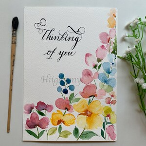 Pensando en ti - acuarela Floral arte impresión / arte de la pared de la flor / tarjeta de felicitación con caligrafía manuscrita / descarga digital