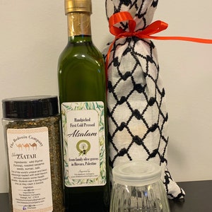 Authentic Original Palestinian Olive Oil (250ml) and Zaatar (6 Ounces) + Free Jar to Mix and Store Your Own Zaatar Spread, Gift Bag Optional