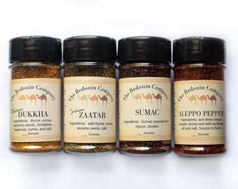 AUTHENTIC Middle Eastern Spice Set:  Zaatar, Aleppo Pepper, Sumac and Dukkha, 2-ounce bottles, Gift Packaging Available