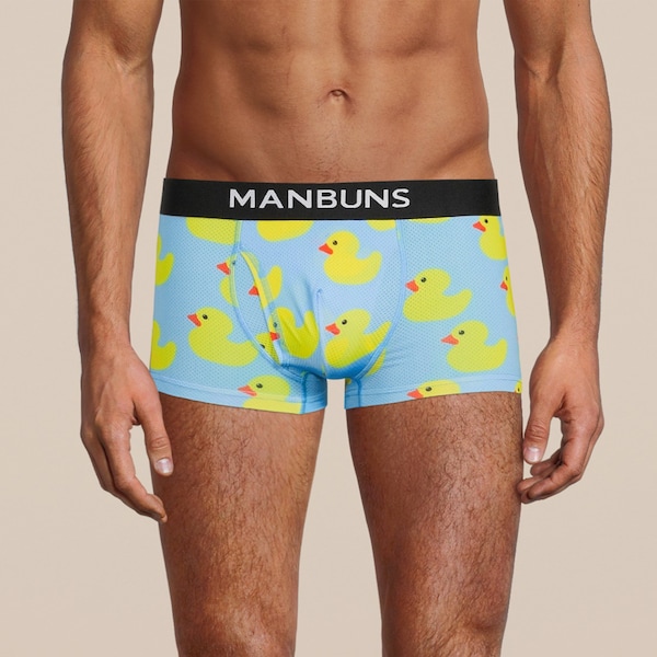 Men's Rubber Duck Boxer Trunks with Pouch , Men's Blue and Yellow Underwear, Fun Novelty Gag Gifts for Him, Men's Stocking Stuffer