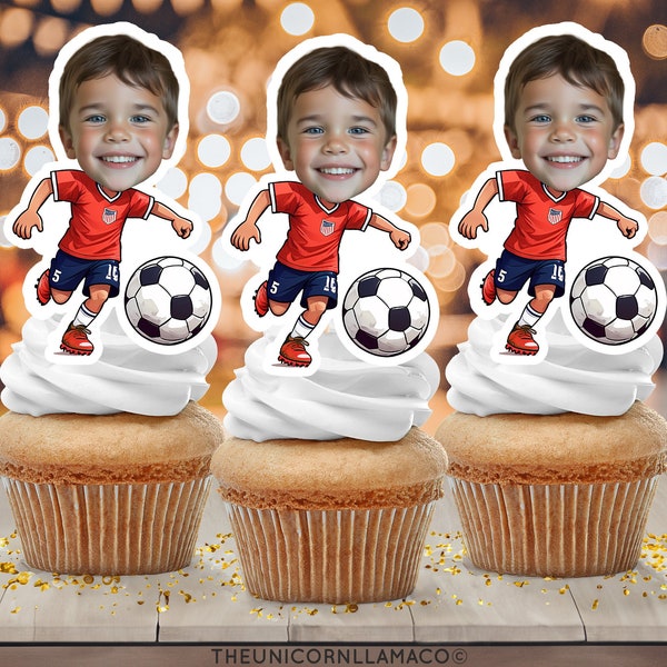 Décorations de cupcakes visage personnalisées pour joueur de football, photo, décorations d'anniversaire, fête entre garçons, téléchargement numérique, but, gardien de but