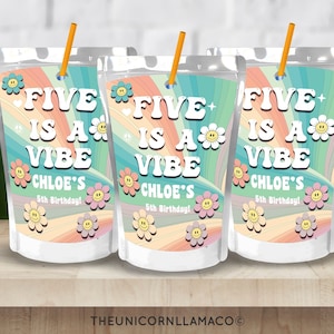 Five is a Vibe Capri Sun, Personalized, Smiley Face Hippie Juice Pouch, Floral Party Favors, 5th birthday Label , Daisies, Retro, 70s