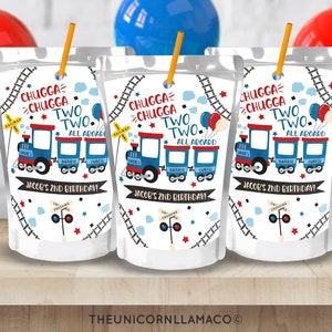 Chugga Chugga Two Two Capri Sun, Personalized, Train Conductor Juice Pouch, Train Party Favors,  2nd Birthday Party Label , Boy Birthday