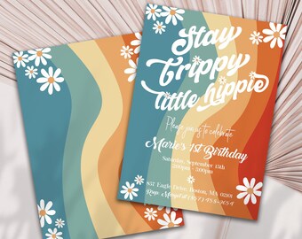 Groovy Birthday Invitation, Retro Party, Boho Retro Invite, Hippie Birthday, Stay Trippy Printables, Girl Party, DIY, Personalized, Floral