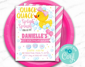 EDITABLE Rubber Duckie Invitation, Duck Party, Splish Splash Invite, Quack Quack Birthday Printables Girl Party 1st Birthday First Bath Time