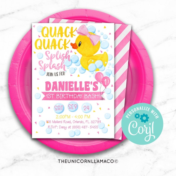 EDITABLE Rubber Duckie Invitation, Duck Party, Splish Splash Invite, Quack Quack Birthday Printables Girl Party 1st Birthday First Bath Time