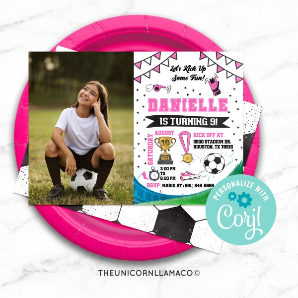 EDITABLE Soccer Picture Invitation Soccer Party Soccer Invite Soccer Birthday Girl Party Personalized Goalie Ball Outdoor Sports 1st