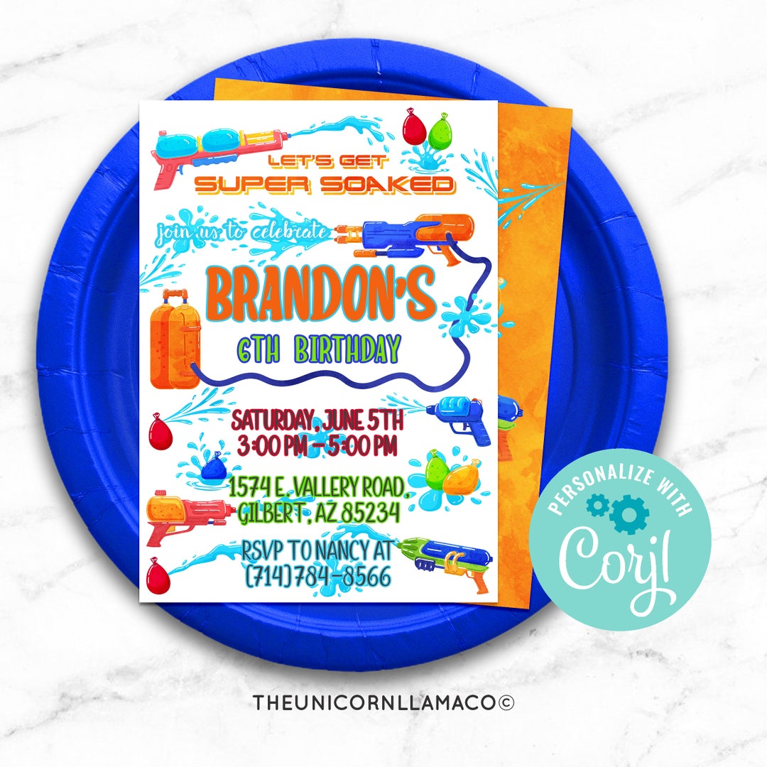 EDITABLE Water Gun Invitation Water Gun Party Summer Invite Etsy