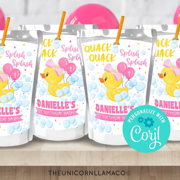 EDITABLE Rubber Duckie Capri Sun, Personalized, Bath Time Blue Juice Pouch, Yellow Duck Party Favors, 1st birthday Label , Bubbles Pink